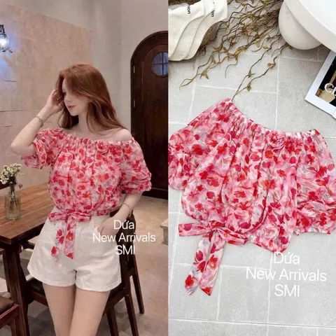 Áo sơ mi hoa bẹt vai bo gấu thắt nơ siêu xinh, áo chất tơ mềm mát - May0915