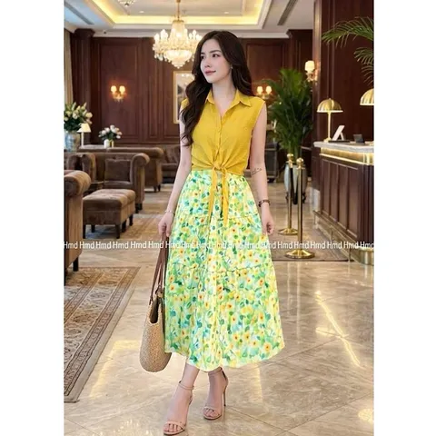 Sét váy đi biển áo sát nách buộc gấu kèm chân váy hoa mặc nhóm cực xinh - May0915