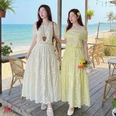 Sét váy thô thêu trễ vai siêu xinh, váy mặc đi chơi đi biển mặc nhóm đều đẹp - May0915
