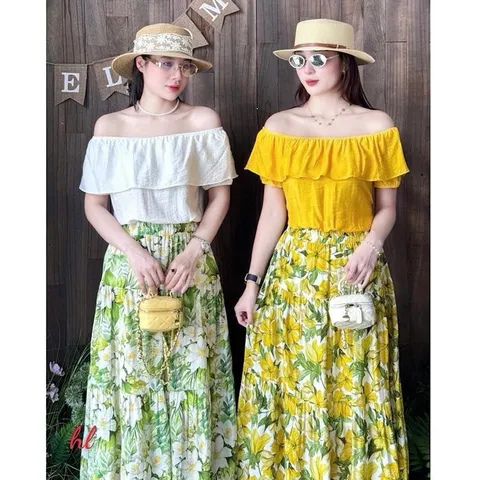 Sét váy hoa trễ vai đi biển, đi chơi, mặc nhóm cực xinh, chất đũi mềm mát - May0915