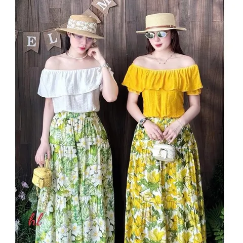 Sét váy hoa trễ vai đi biển, đi chơi, mặc nhóm cực xinh, chất đũi mềm mát - May0915
