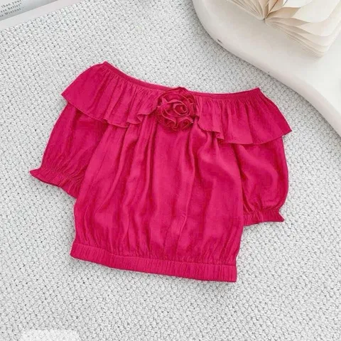 Áo trễ vai bèo đính hoa bo gấu mặc được 2 kiểu trễ vai và cổ tròn, chất đũi mềm siêu mát - May0915