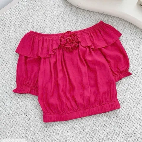 Áo trễ vai bèo đính hoa bo gấu mặc được 2 kiểu trễ vai và cổ tròn, chất đũi mềm siêu mát - May0915