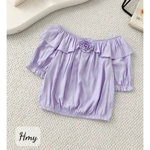 Áo trễ vai bèo đính hoa bo gấu mặc được 2 kiểu trễ vai và cổ tròn, chất đũi mềm siêu mát - May0915