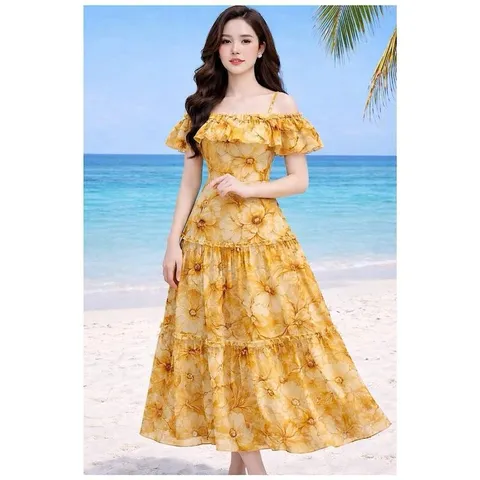 Váy Maxi Hoa Trễ Vai X, Váy Xoè Trễ Vai Đi Chơi Đi Biển Mặc Nhóm, Thiết Kế Hoa Đẹp Mắt, Phong Cách Thời Trang - May0915