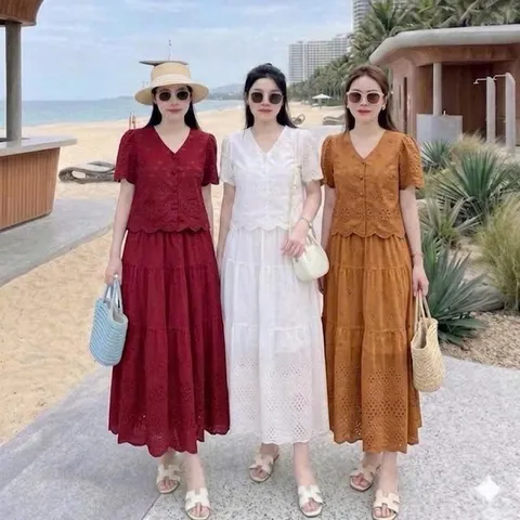 Sét váy thô boi cổ tim cúc bọc cực xinh, sét mặc nhóm, sét váy đi biển thời trang - May0915