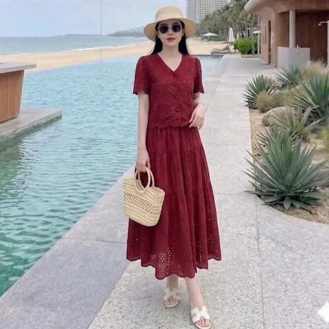 Sét váy thô boi cổ tim cúc bọc cực xinh, sét mặc nhóm, sét váy đi biển thời trang - May0915