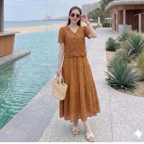 Sét váy thô boi cổ tim cúc bọc cực xinh, sét mặc nhóm, sét váy đi biển thời trang - May0915