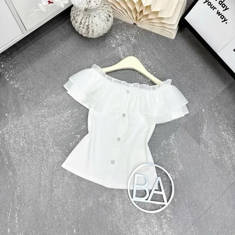 Áo trễ vai bèo cúc đá siu xinh, áo mặc được 2 kiểu trễ vai và cổ tròn, chất cotton co giãn mềm mát - May0915