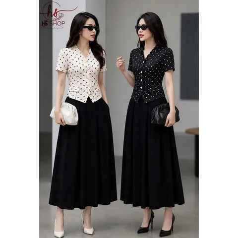 Sét áo chấm bi HS cổ bèo cúc ngọc kèm quần giả váy xoè trẻ trung thanh lịch, Sét váy công sở đẹp - May0915
