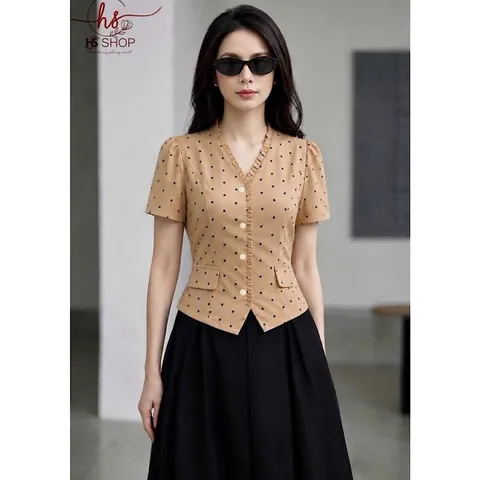 Sét áo chấm bi HS cổ bèo cúc ngọc kèm quần giả váy xoè trẻ trung thanh lịch, Sét váy công sở đẹp - May0915