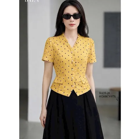 Sét áo chấm bi HS cổ bèo cúc ngọc kèm quần giả váy xoè trẻ trung thanh lịch, Sét váy công sở đẹp - May0915