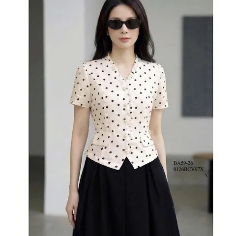 Sét áo chấm bi HS cổ bèo cúc ngọc kèm quần giả váy xoè trẻ trung thanh lịch, Sét váy công sở đẹp - May0915