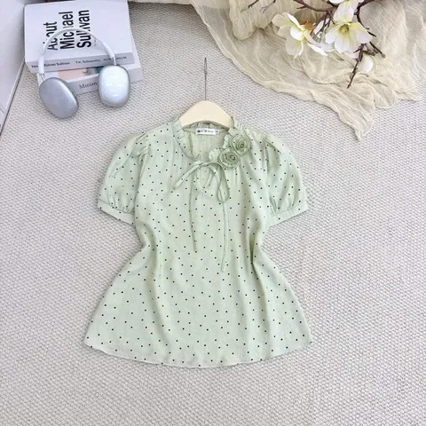 Áo sơ mi chấm bi LD cổ bèo đính hoa xinh - May0915