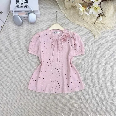 Áo sơ mi chấm bi LD cổ bèo đính hoa xinh - May0915