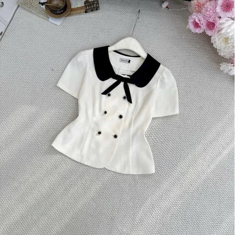 Áo sơ mi ký giả phối cổ sen đính nơ xinh xắn, vải xước thái in hoa trà siêu đẹp - May0915