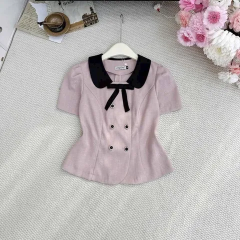 Áo sơ mi ký giả phối cổ sen đính nơ xinh xắn, vải xước thái in hoa trà siêu đẹp - May0915