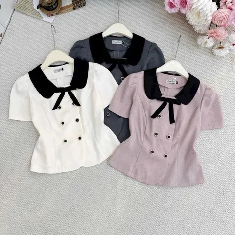 Áo sơ mi ký giả phối cổ sen đính nơ xinh xắn, vải xước thái in hoa trà siêu đẹp - May0915