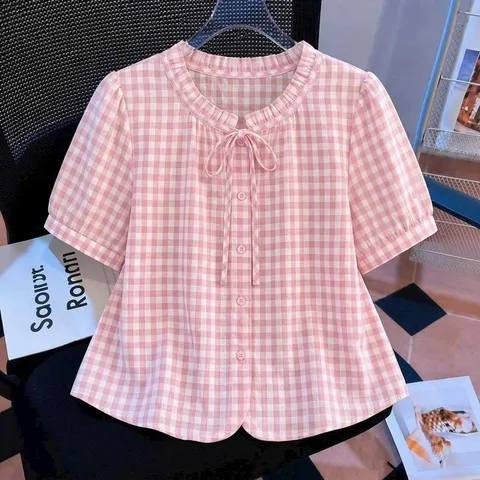 Áo sơ mi kẻ PL cổ nơ xinh xắn, form áo dài vừa siêu xinh dễ mặc, chất vải mềm mát - May0915