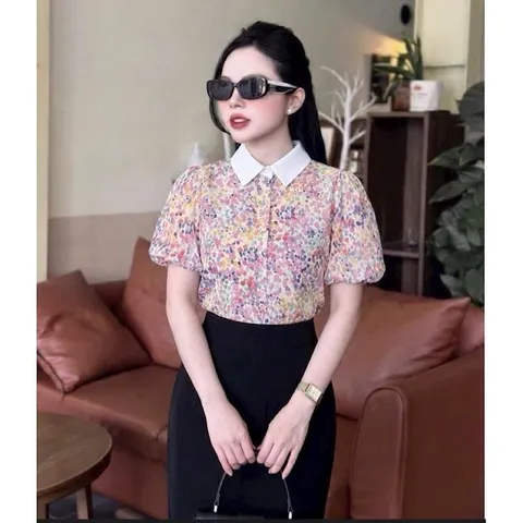Áo sơ mi hoa phối cổ sen HD tay bồng siêu xinh - May0915