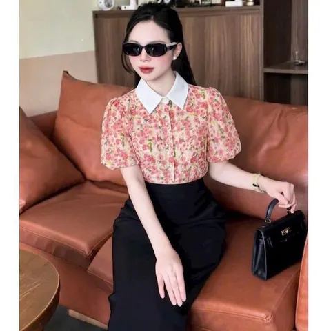 Áo sơ mi hoa phối cổ sen HD tay bồng siêu xinh - May0915