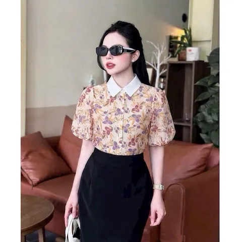 Áo sơ mi hoa phối cổ sen HD tay bồng siêu xinh - May0915