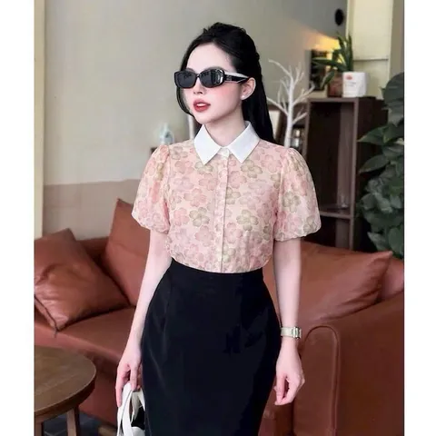 Áo sơ mi hoa phối cổ sen HD tay bồng siêu xinh - May0915
