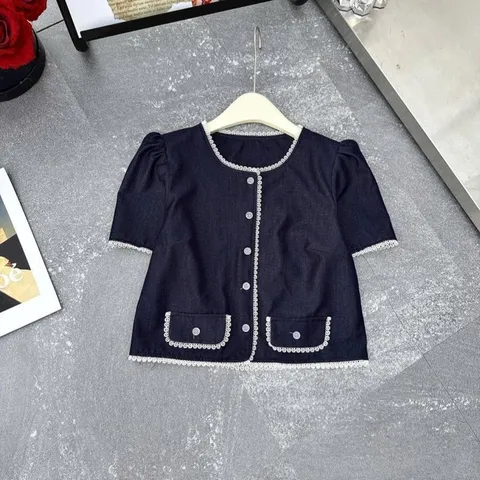 Áo sơ mi bò giấy TH phối ren dáng croptop siêu xinh dễ mặc - May0915