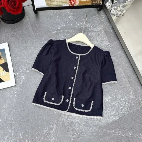Áo sơ mi bò giấy TH phối ren dáng croptop siêu xinh dễ mặc - May0915