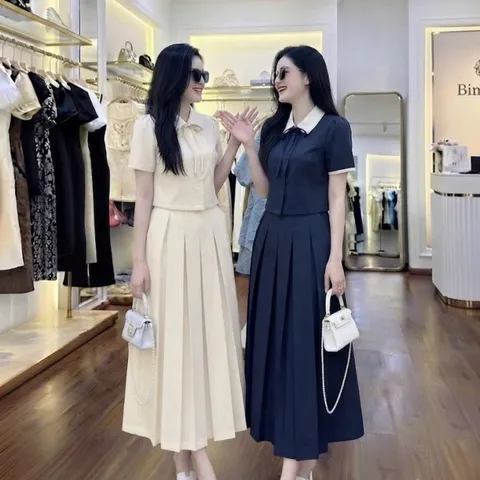 Sét váy công sở áo croptop cổ sen kèm chân váy midi xoè trẻ trung thanh lịch - May0915