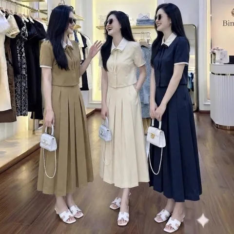 Sét váy công sở áo croptop cổ sen kèm chân váy midi xoè trẻ trung thanh lịch - May0915