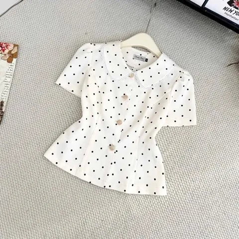 Áo sơ mi chấm bi phối cổ sen cúc đồng siêu xinh dễ mặc, áo sơ mi công sở cho nữ - May0915