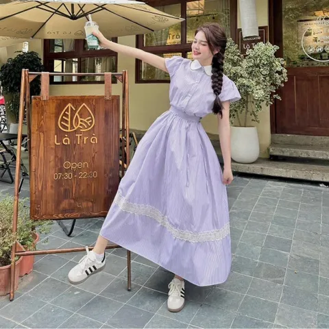 Sét váy kẻ cổ sen phối viền ren trẻ trung - May2