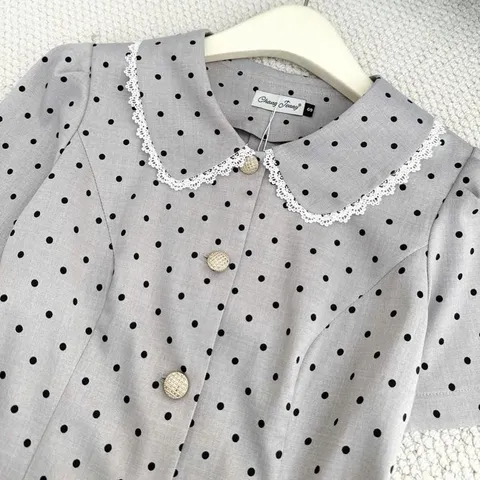 Áo sơ mi chấm bi phối cổ sen cúc đồng siêu xinh dễ mặc, áo sơ mi công sở cho nữ - May0915