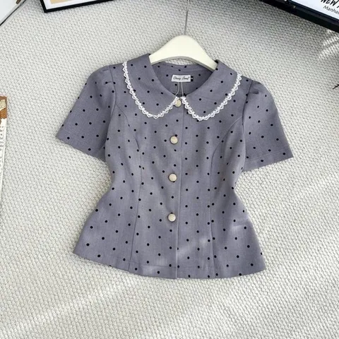 Áo sơ mi chấm bi phối cổ sen cúc đồng siêu xinh dễ mặc, áo sơ mi công sở cho nữ - May0915