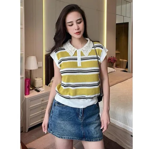 Áo len mongtoghi cổ ren xinh xắn, áo len kẻ T Mode thời trang, thiết kế tay ngắn, màu sắc pastel trẻ trung- May0915