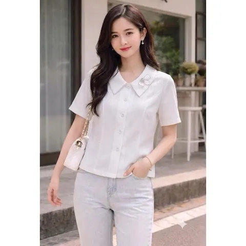 Áo sơ mi công sở cổ bẻ đính hoa form croptop dễ mặc dễ mix đồ - May0915