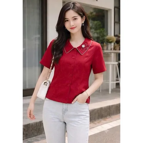 Áo sơ mi công sở cổ bẻ đính hoa form croptop dễ mặc dễ mix đồ - May0915