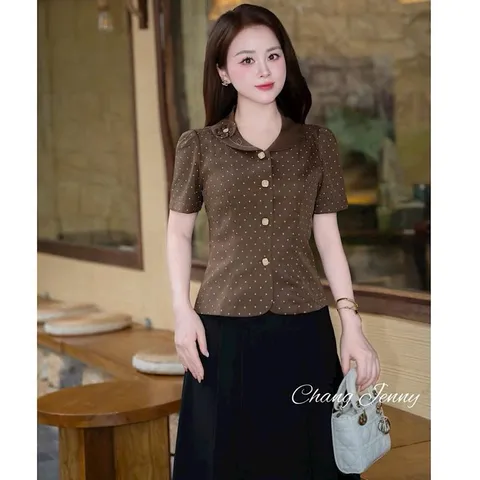 Áo sơ mi ký giả cổ sen đính hoa xinh xắn, Áo sơ mi công sở thiết kế tinh tế phong cách thanh lịch - May0915