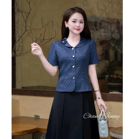 Áo sơ mi ký giả cổ sen đính hoa xinh xắn, Áo sơ mi công sở thiết kế tinh tế phong cách thanh lịch - May0915