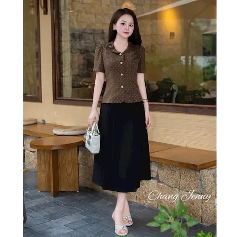 Áo sơ mi ký giả cổ sen đính hoa xinh xắn, Áo sơ mi công sở thiết kế tinh tế phong cách thanh lịch - May0915