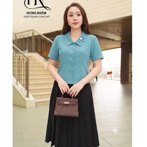 Áo sơ mi công sở cổ bẻ đính hoa form croptop dễ mặc dễ mix đồ - May0915