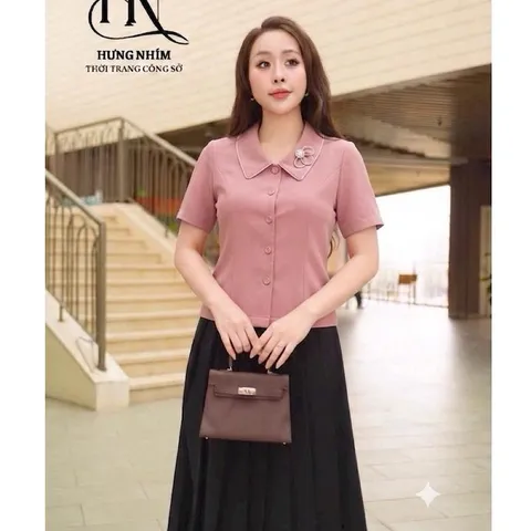 Áo sơ mi công sở cổ bẻ đính hoa form croptop dễ mặc dễ mix đồ - May0915