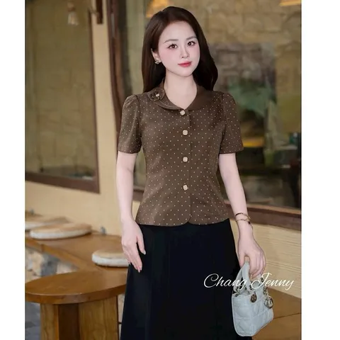 Áo sơ mi ký giả cổ sen đính hoa xinh xắn, Áo sơ mi công sở thiết kế tinh tế phong cách thanh lịch - May0915