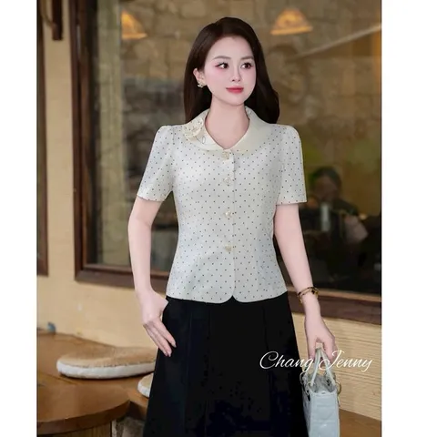 Áo sơ mi ký giả cổ sen đính hoa xinh xắn, Áo sơ mi công sở thiết kế tinh tế phong cách thanh lịch - May0915