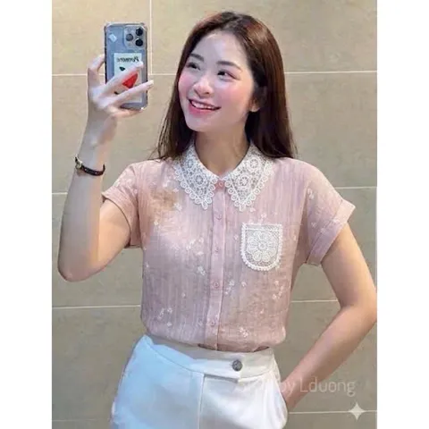 Áo sơ mi thêu hoa cổ ren LD chất mềm mát siêu đẹp - May0915