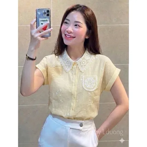 Áo sơ mi thêu hoa cổ ren LD chất mềm mát siêu đẹp - May0915