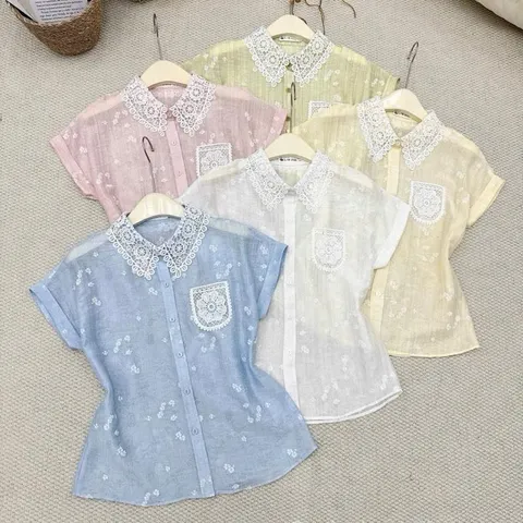 Áo sơ mi thêu hoa cổ ren LD chất mềm mát siêu đẹp - May0915