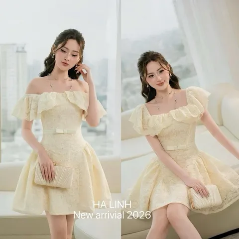 Váy ren cổ bèo trễ vai nơ eo xinh xắn, Váy xoè ngắn trẻ trung đi chơi, đi tiệc xinh xuất sắc - May0915