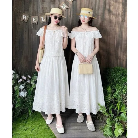 Sét váy thô boi cổ bèo HS chất thô boi mềm mát, mặc đi chơi, đi biển, mặc nhóm cực xinh - May0915